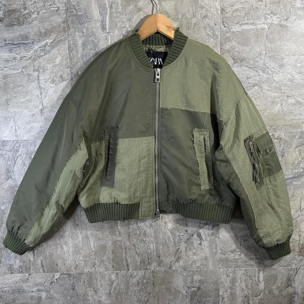 Bnwts ZARA Women's Waterproof Patchwork Bomber Jacket Sz Small Olive‎ Green